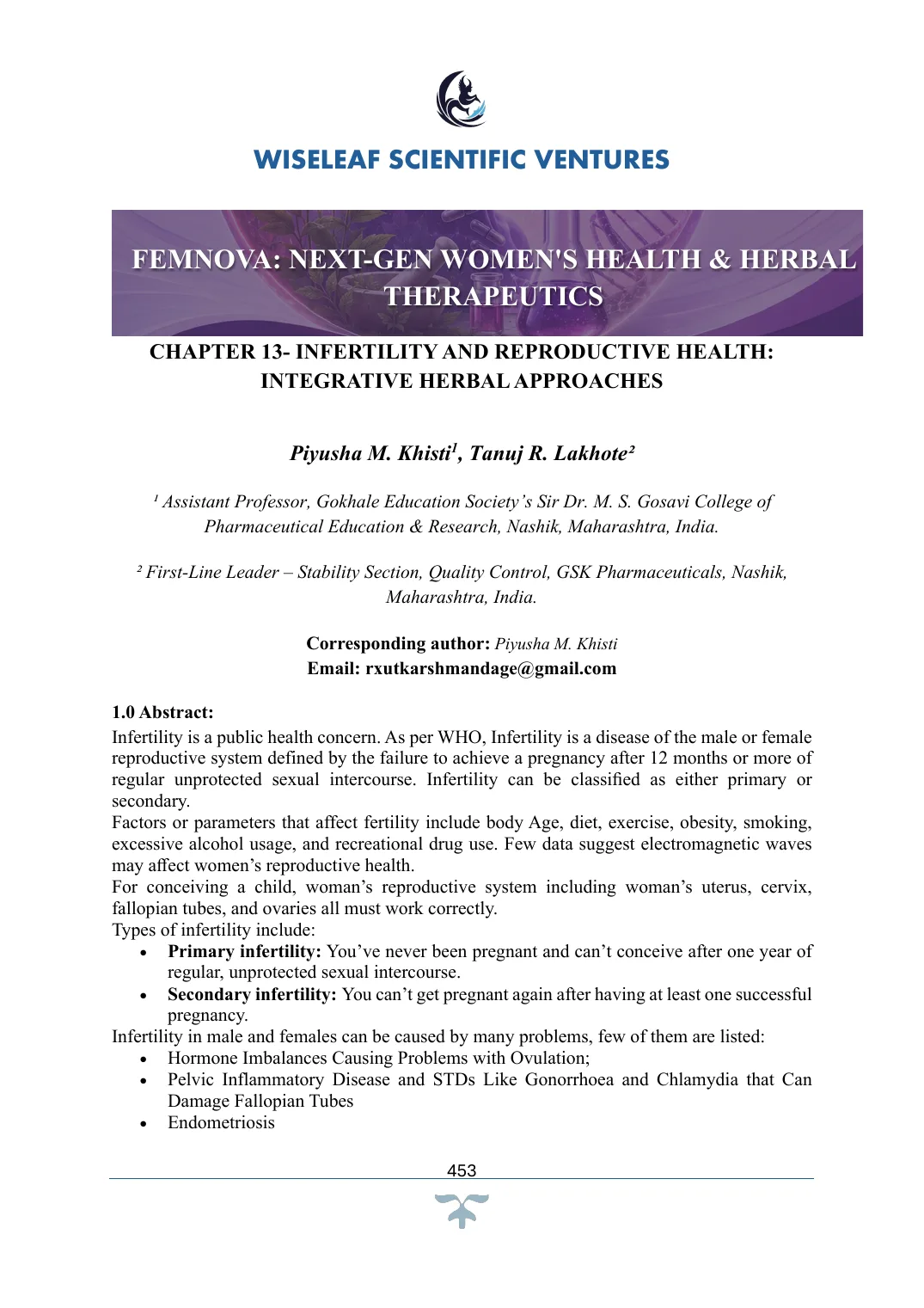 Infertility and Reproductive Health: Integrative Herbal Approaches — first page preview