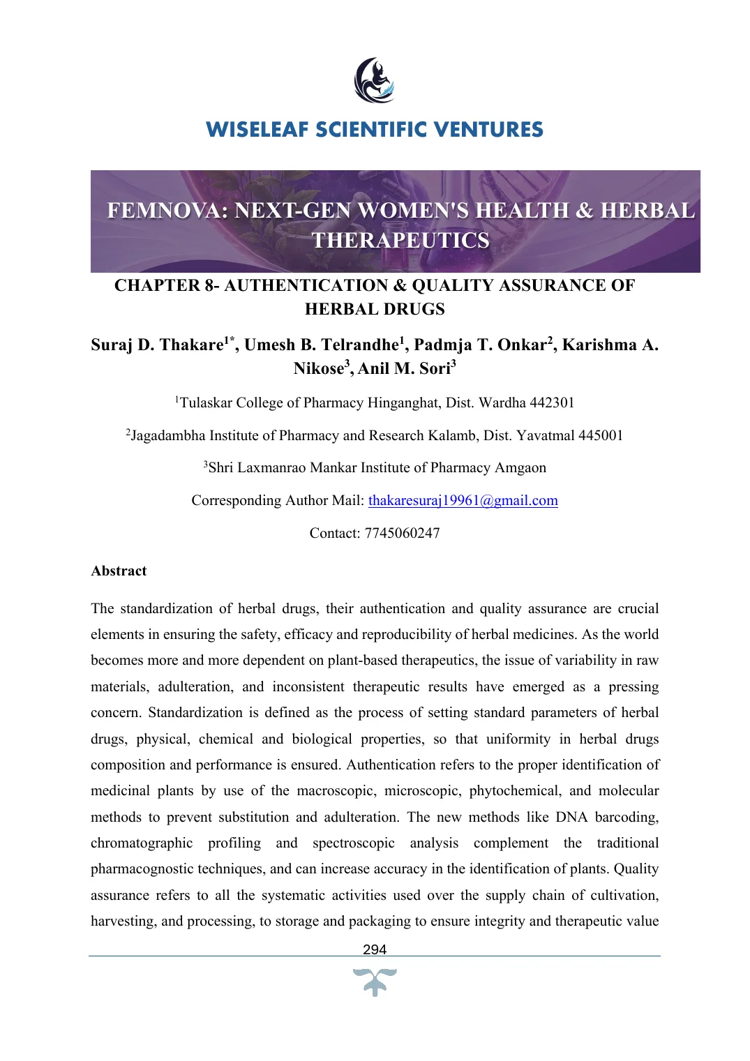 Authentication & Quality Assurance of Herbal Drugs — first page preview