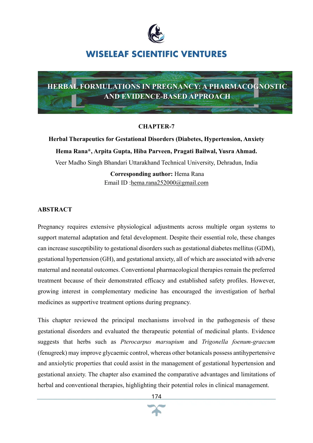 Herbal Therapeutics for Gestational Disorders (Diabetes, Hypertension, Anxiety) — first page preview