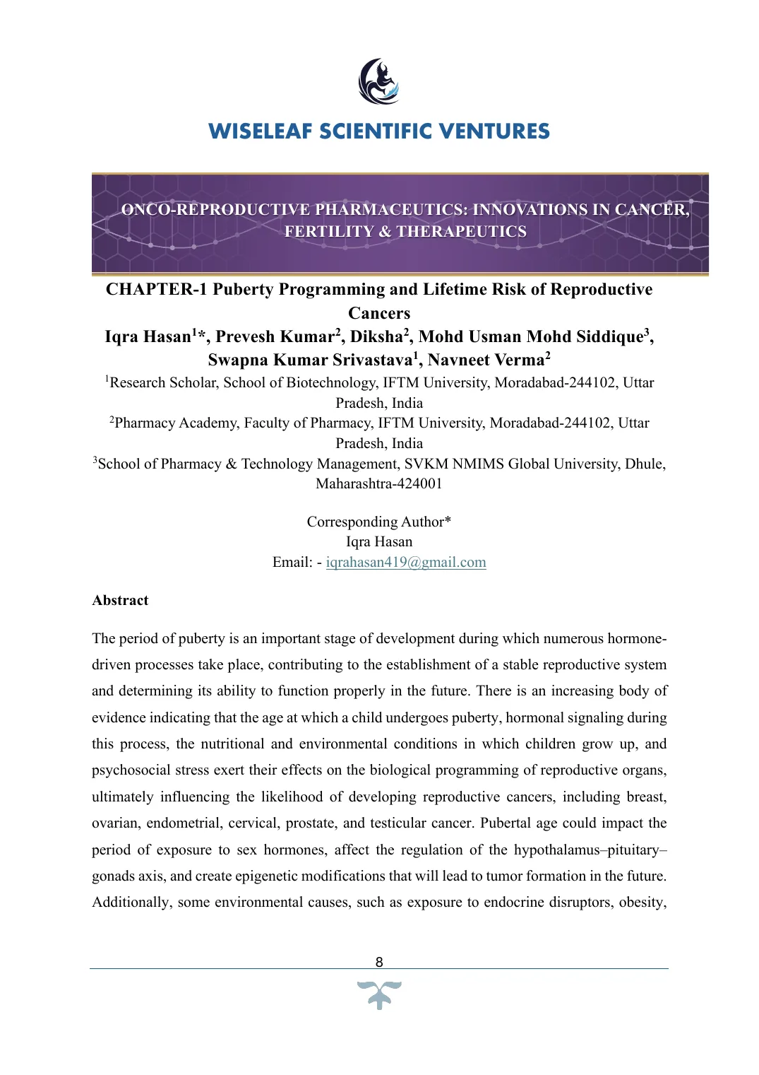 Puberty Programming and Lifetime Risk of Reproductive Cancers — first page preview