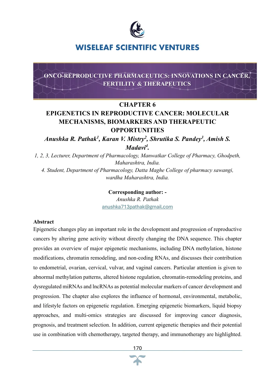 Epigenetics in Reproductive Cancer: Molecular Mechanisms, Biomarkers and Therapeutic Opportunities — first page preview